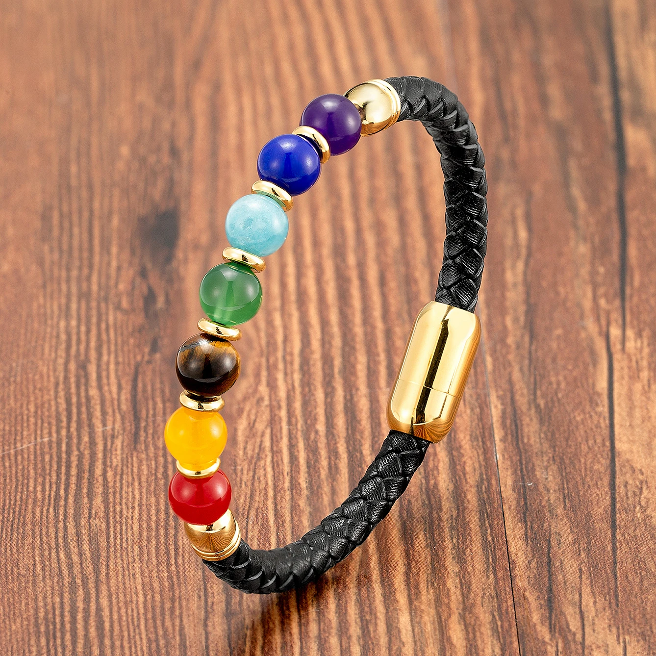YISHUCHA,Chakra Bracelet For Women,Round,Natural Stone Bracelet,Black,Leather Rope Chain,Neutral,Couple Bracelet,Yoga Jewelry