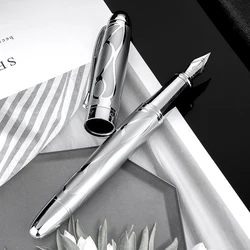 HongDian Printing Stainless Steel Fountain Pen Fine Nib Retro Silver Student Office Practice Supply Writing Pens Stationery Gift
