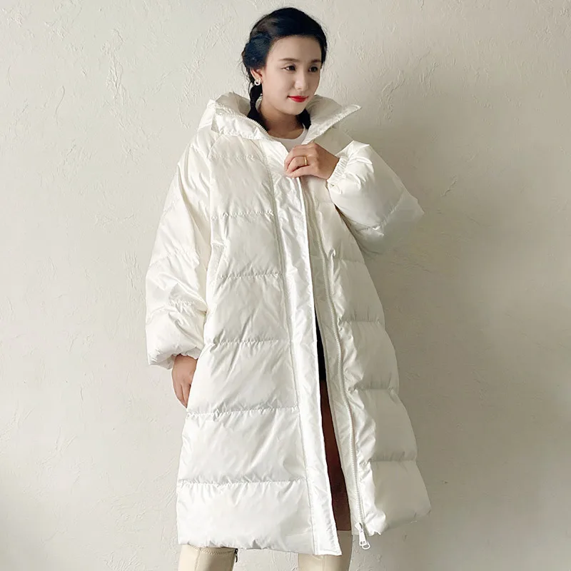 2021 women\'s down jacket winter white office lady long loose large size fashion white duck down casual large fat lady hood coat