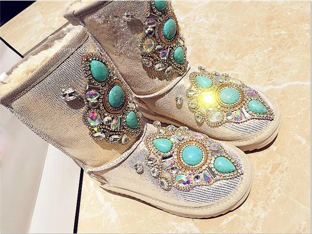 Luxury Giltter Diamonds Turquoise Stone Embellished Snow Boots Winter Plush Warm Boots Ladies Bling Mid Boots