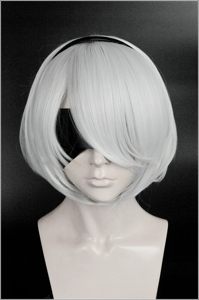 NieR:Automata 2B YoRHa No. 2 Type B Heroine Short Silver White Bobo Heat Resistant Cosplay Costume Wig No Eye Mask + Wig Cap