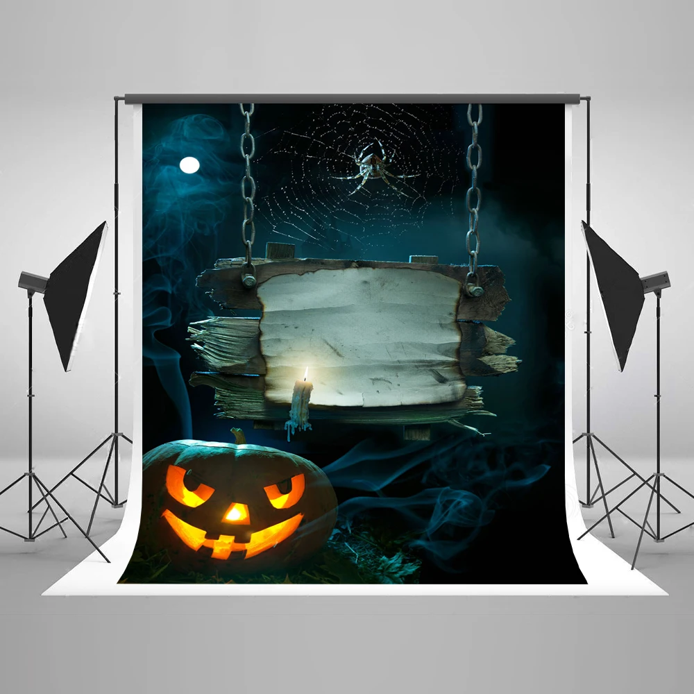 

VinylBDS Halloween Backdrops For Photography Pumpkin Spider Candle Halloween Washable Iron Chain Backdrop Backgrounds WSJ-061