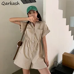 Rompers Women Loose Simple Buttons Girls Korean Style Streetwear Solid Color Cool Turn-down Collar Short Sleeve Leisure Clothing