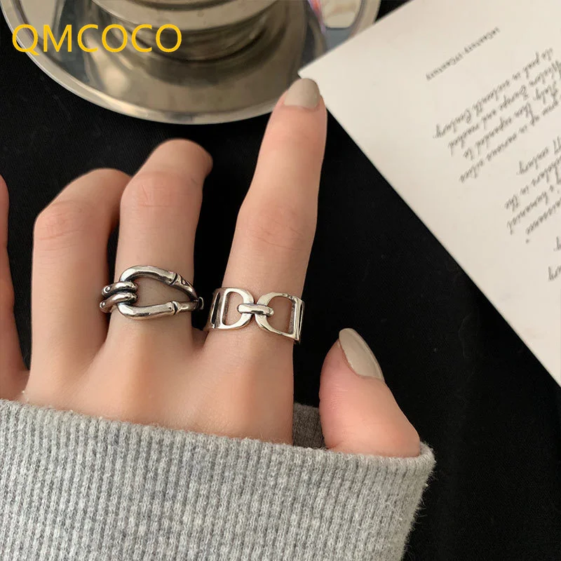 QMCOCO Silver Color Hollow Out Interwoven Wide Ring Design Open Adjustable Ring Korean Style Personality Simple Women Party Gift