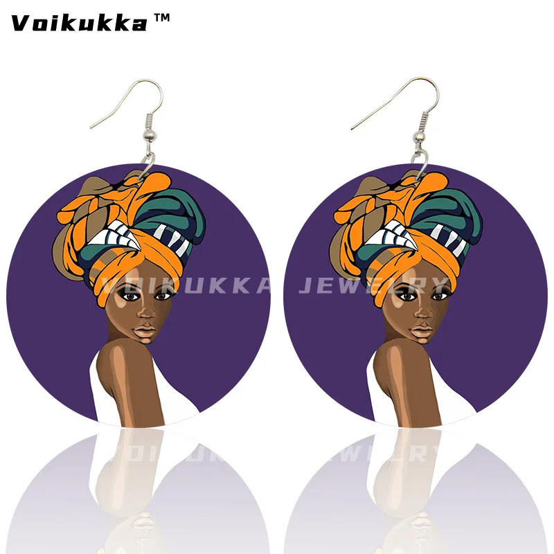 Voikukka Jewelry 6 CM Circle African Women With Blue Hair Art Afro Girl Painting Wood Both Sides Printing Dangle Earrings