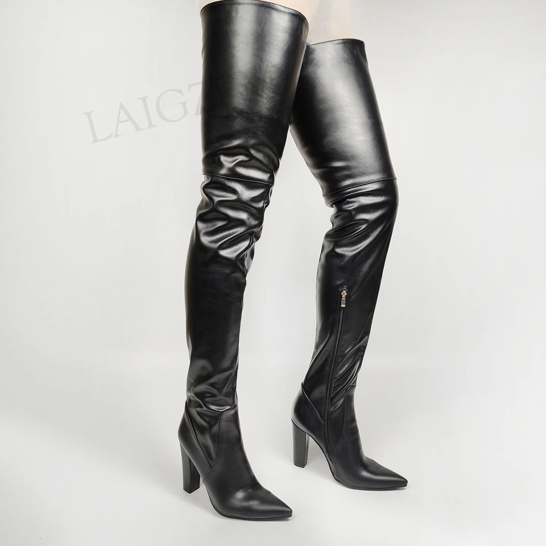 LAIGZEM Women Thigh High Boots Chunky Block High Heeled Thigh High Boots Side Zip Ladies Shoes Woman Zapato Big Size 38 44 46 47