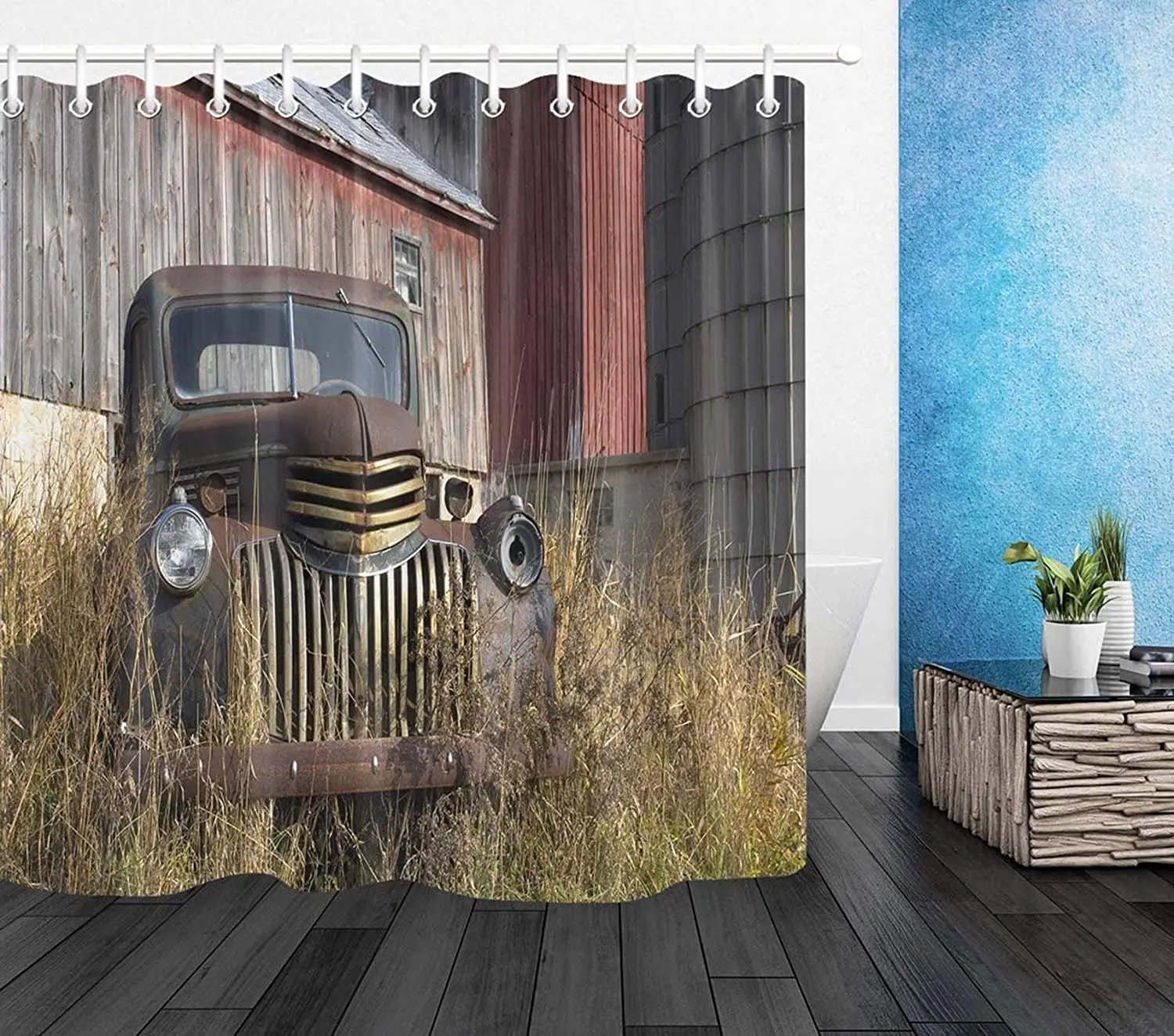 Antique Car Shower Curtains,Vintage Old Truck Car Decor,Polyester Fabric Retro Country Farmhouse Rustic Tractor Bath Curtain Set