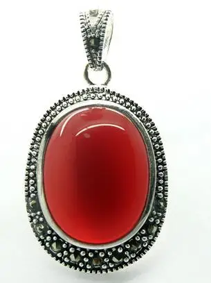 Natural oval 30*20mm Red JADE 925 Sterling Silver Marcasite Pendant + free chain