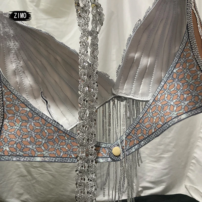 반짝 이는 실버 스팽글 술 비키니 세트 여성 섹시한 백 레스 브래지어 반바지 나이트 클럽 Dj 가수 바 무대 쇼 폴 댄스 의상