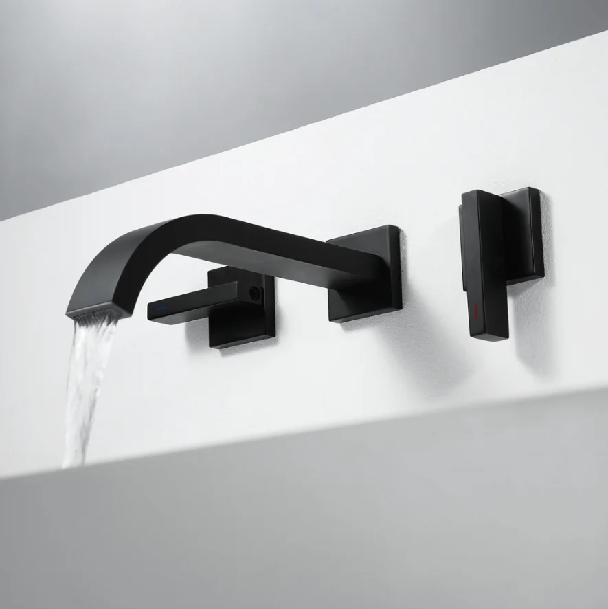 

Modern Basin Set 3 hole Matte Black Brass Double Handle Wall Mounted Bathroom Sink Faucet Hot Cold Tap In-Wall