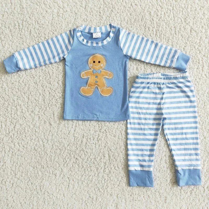 Wholesale Children Winter Baby Boy Clothes Sleepwear Set Kids Gingerbread Embroidery Blue Striped Pants Outfit Toddler Pajamas