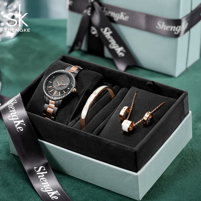 Shengke New Watches Set With Luxury Bracelet Earrings Necklace Accessories High Quality Women Watches Gift For Love Anniversary