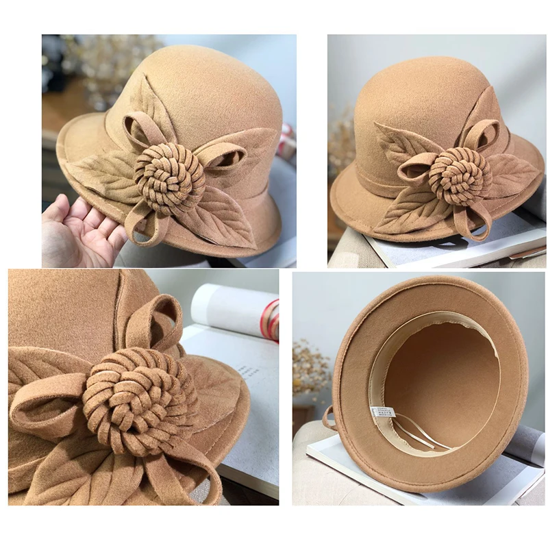 Women\'s Vintage 100% Wool Felt Cloche Bucket Bowler Hat Winter Vintage Bow khaki Women main image 2