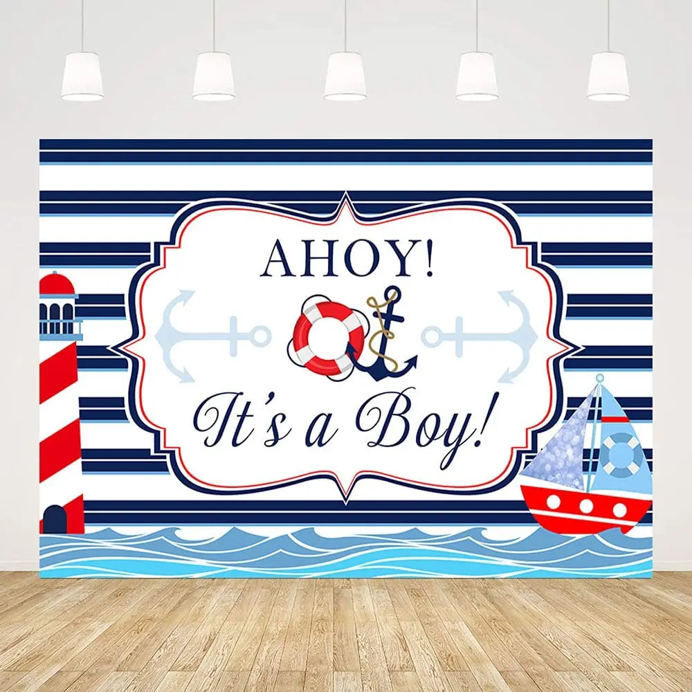 Ahoy Nautical Photography Backdrop White Blue Stripes Marine Sea Lighthouse Ship Background Newborn Baby Gender Reveal Party