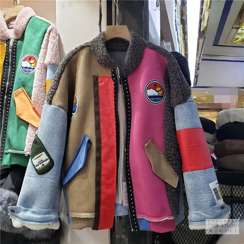 Chaqueta de gamuza para mujer, abrigo grueso y cálido de lana de cordero, chaqueta de cuero de imitación de retazos, abrigo de motocicleta suelto con cremallera, moda de invierno