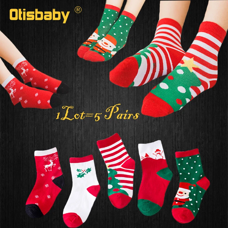 5Pairs Christmas 100% Cotton Baby Boys Girls Winter Socks New Year Striped Keep Warm Floor Anti-skid Children\'s Socks 2-12 Years