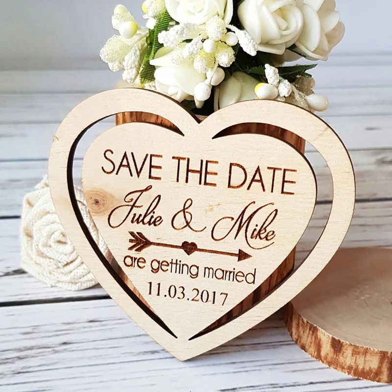 Personalized Wooden Fridge Magnet for Wedding Invitation,Heart Save The Date Wedding Tags, Save The Date Wooden Thank You Gift