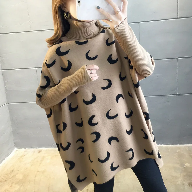 Moon Pattern Colorblock Sweater Femal Bat Sleeve High Collar Loose Large Size Side Slit Mid-length Pullover Jumpers Women Spring