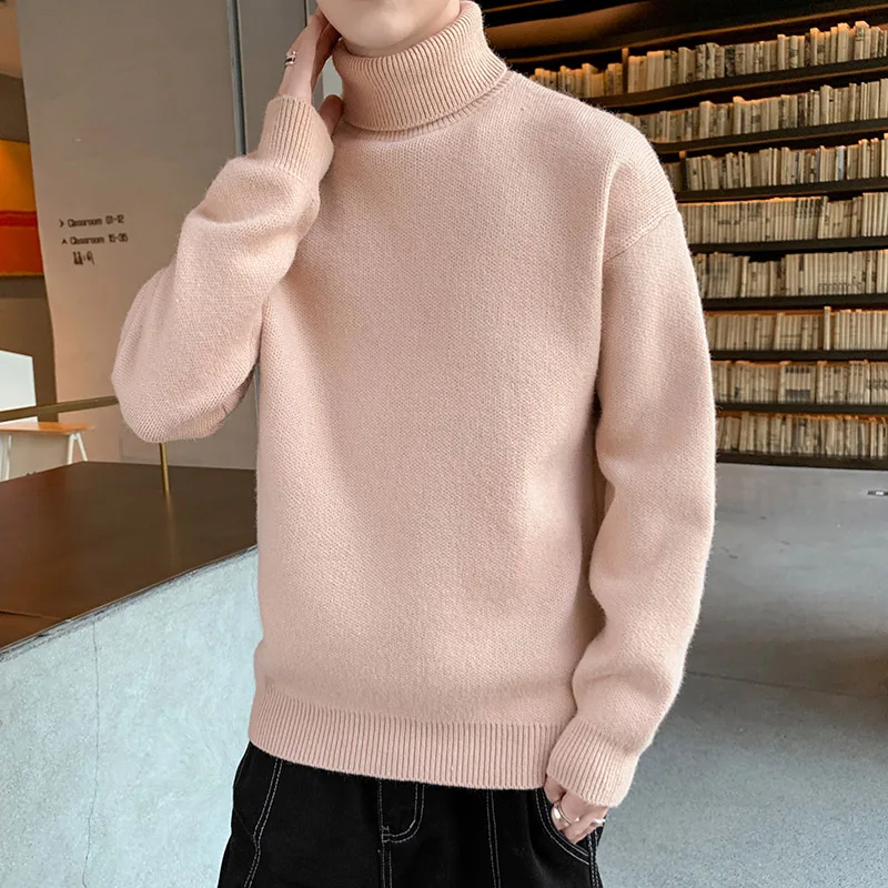 Men Autumn Winter Solid Color Thick Knit Sweater Men Long Sleeve Turtleneck Pullover Male Warm High Neck Knitwear M-3XL