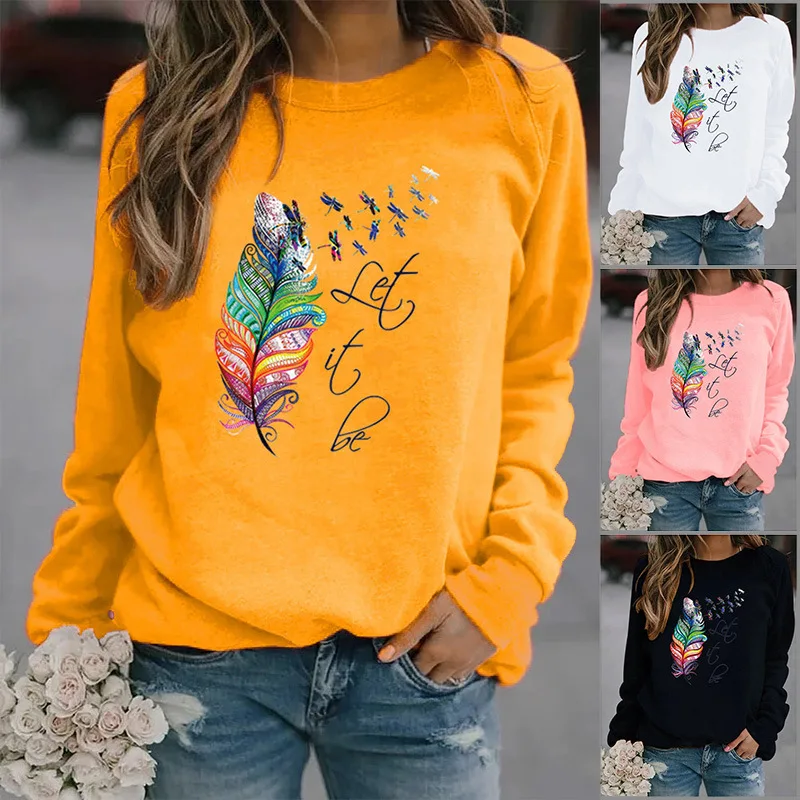 Feather Let It Be Printed Hoodies Women Fleece Long Sleeve O Neck Loose Sweatshirt Girls Women Hoodie Pullovers   Winter