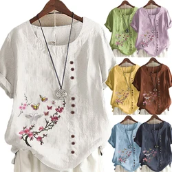 Women's New Summer Fashion Casual Linen Shirt Round Neck Printing T-shirt Short Sleeve Tops Loose Blouse S-5XL