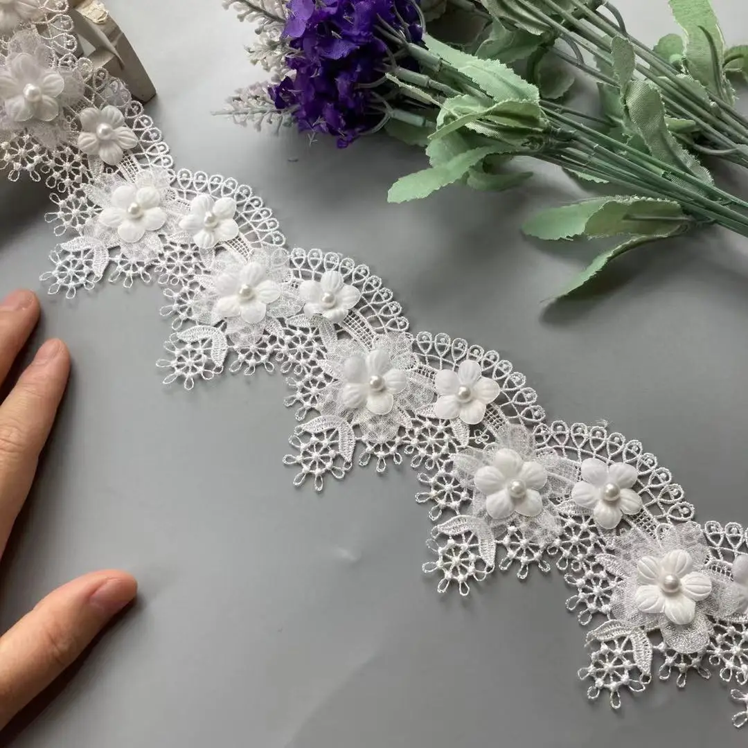 

3 Yards 7 CM White Flowers Pearl Lace Trim Ribbon Embroidered Knitting Wedding Dress Handmade Patchwork Sewing Supplies Crafts