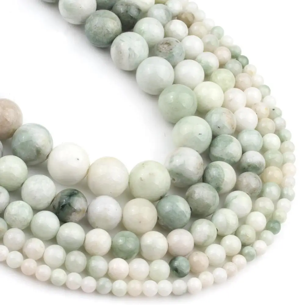 4/6/8/10/12 mm Green White Maotian Jades Stone Beads For Accessories Jewellery Making DIY Bracelets 15\'\'/Strand