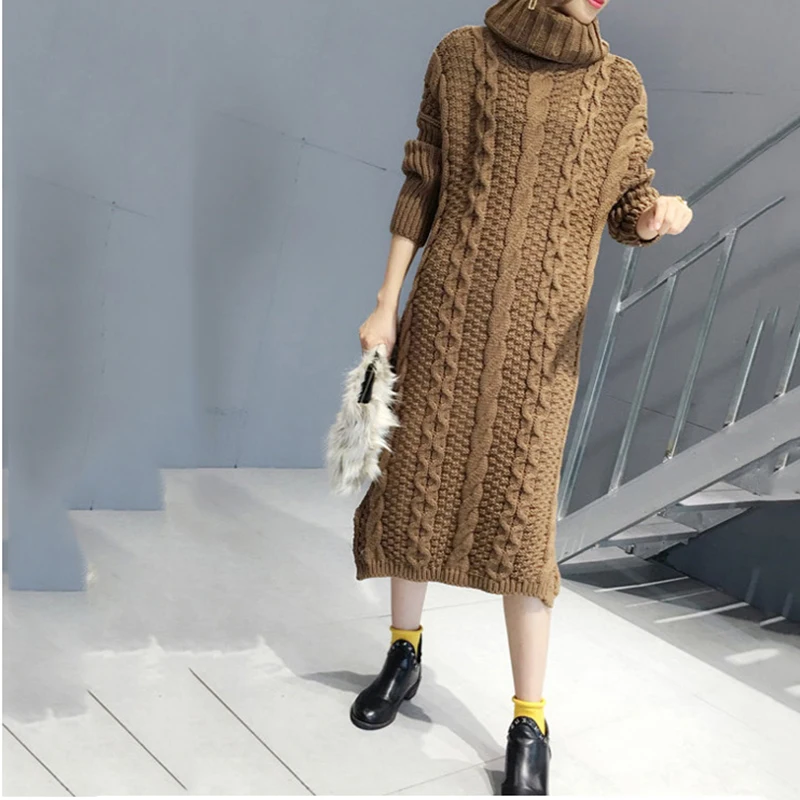 Women Sweater Dresses  Winter Women Sweater Dresses Long Knitted Female Warm Turtleneck Twisted Thickening Slim Pullover Tops