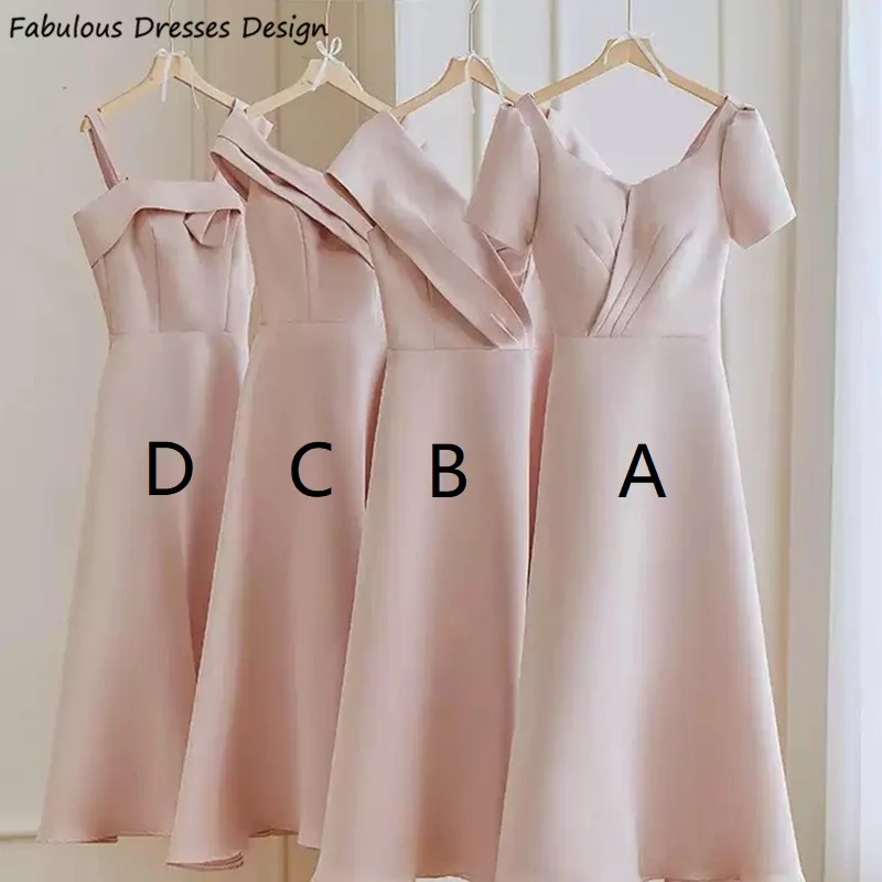 

Pink Satin Tea Length Bridesmaid Dresses Short Sleeve A-line Backless Pleat Wedding Party Dress For Women Prom Gown