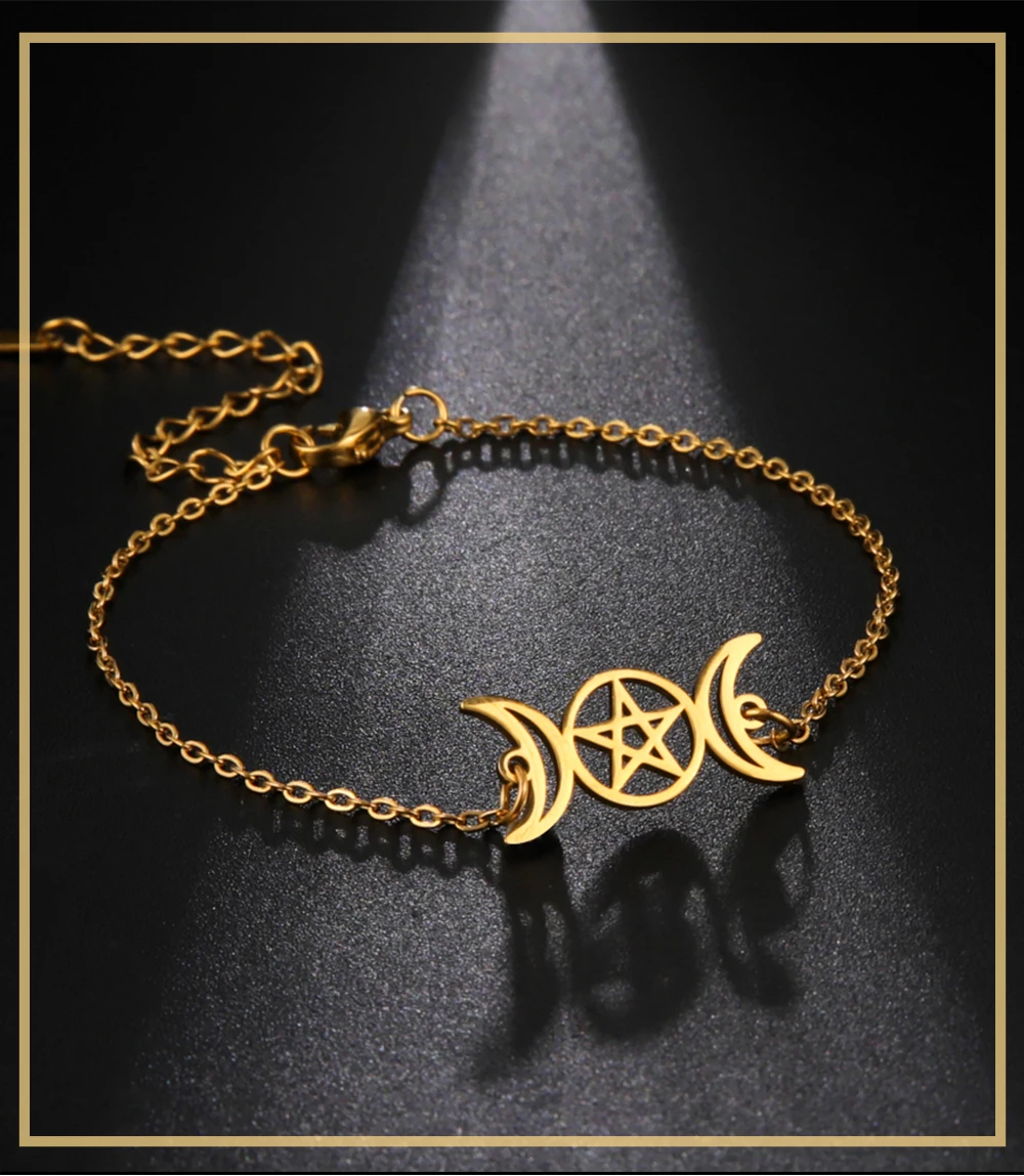 Dreifache Mondgöttin-Armbänder für Männer und Frauen, Edelstahl, Pentagramm, Wicca-Charm-Armbänder, magisches Pentagramm, Hexe, Schmuck, Geschenk – Detail 1