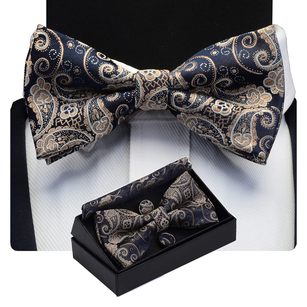 GUSLESON Men\'s Bow Tie Set Paisley Floral Bow tie Pocket square Cufflinks With Gift Box For Man Gold Red For Wedding