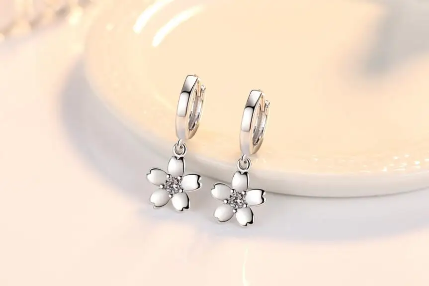 Boucles d'oreilles en Zircon rose/blanc pour femmes, Simple, en argent 925, bijoux en forme de fleurs de cerisier, tendance