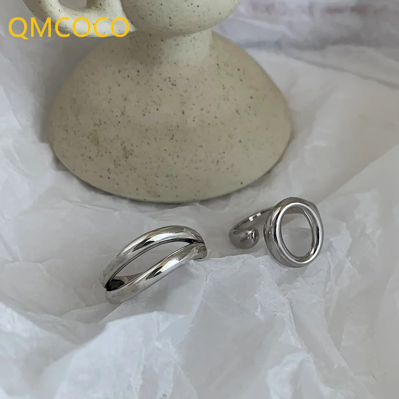 QMCOCO Silver Color Simple Double Deck Hollow Out Rings Punk Open Adjustable Handmade Ring For Woman Trendy  Fashion Jewelry