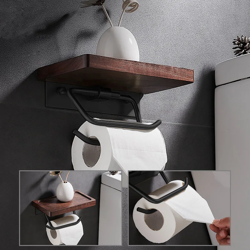 Punch-free bathroom tissue box storage rack toilet creative and slightly luxury walnut solid wood toilet paper holder with phone