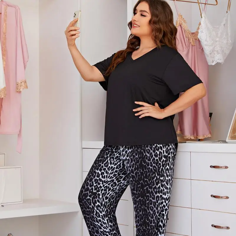 

Lady Cotton 2PCS Pajamas Suit Short Sleeve Nightwear Sexy V-Neck Big Size Sleep Set Intimate Lingerie Summer New Casual Pyjamas