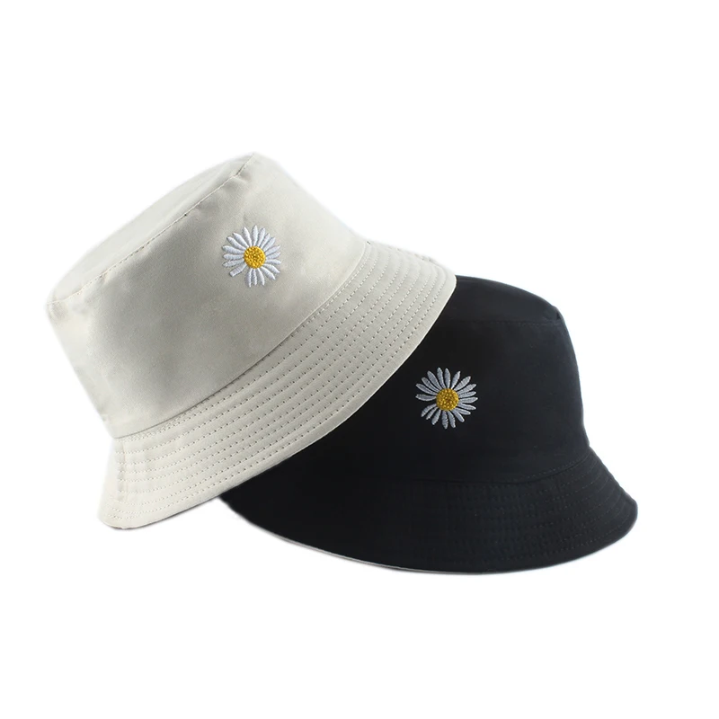 

Summer Daisies Embroidery Bucket Hat Women Cotton Fashion Sun Cap Girls Reversible daisy Bob Sun Femme Floral Panama Hat