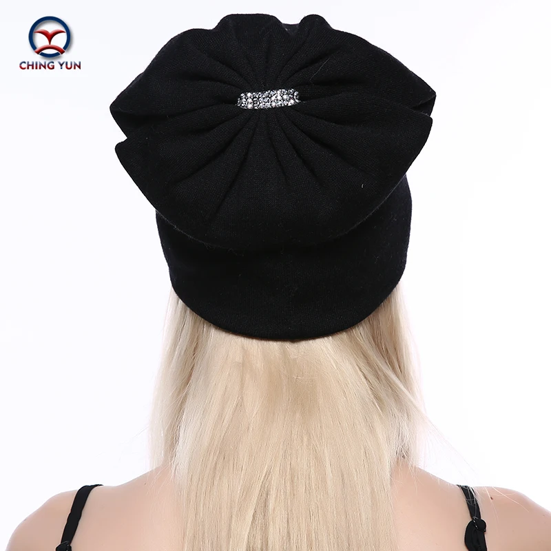 CHING YUN Women Cashmere knit hat new soft Winter Warm Rhinestone embroidery High Quality Female Solid Color Knitted Hat B19-13