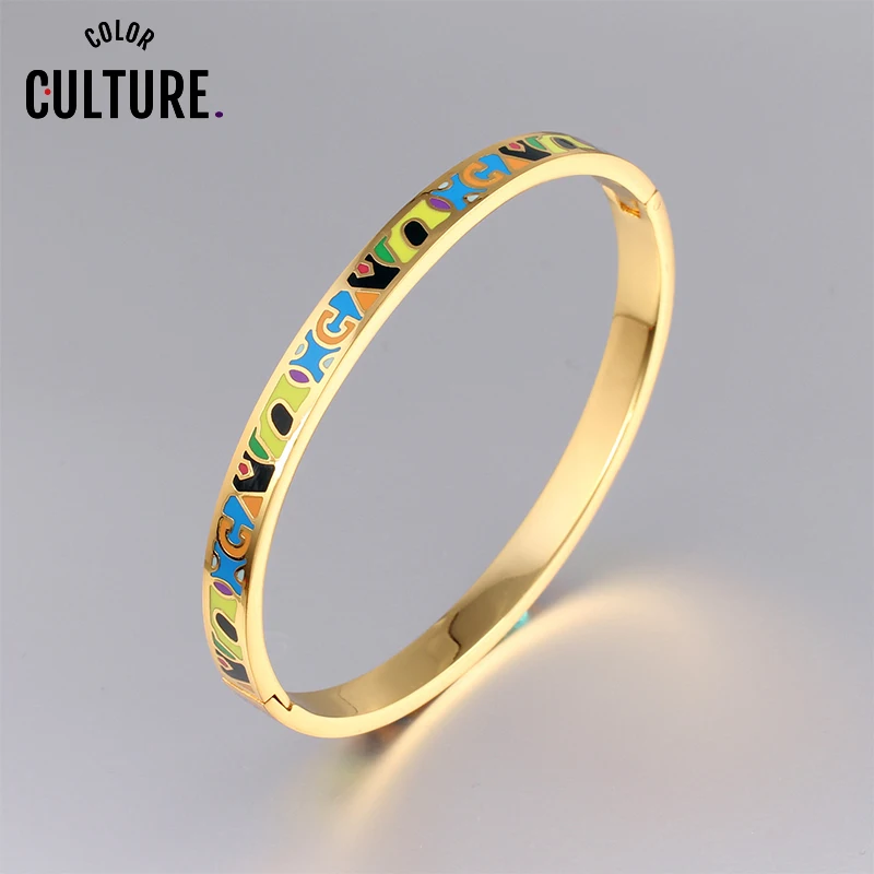 Color Culture Femme Titanium Stainless Steel Open Bangles Ethnic Colorful Enamel Costume Jewelery