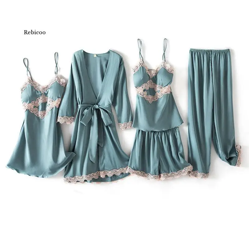 

Soft Sleep Set V-Neck Nightwear 5PCS Pajamas Suit Women Sleepwear Flower Strap Nightshirts Sexy Lace Warm Negligee Home Clothes