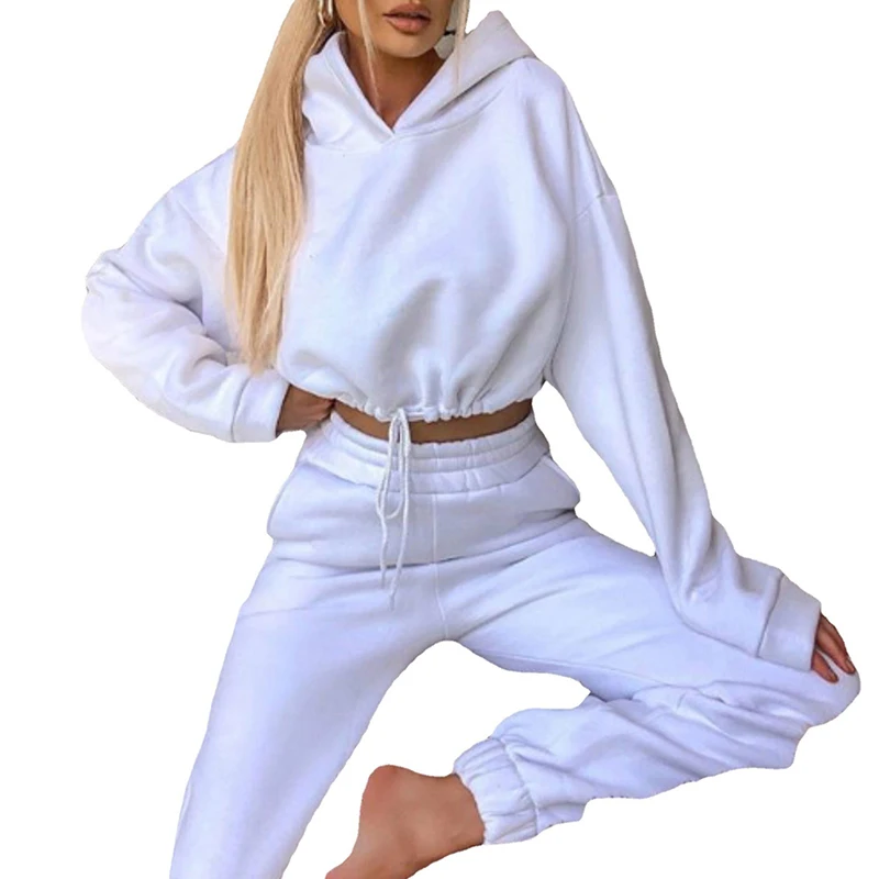 New Street Hot Fashion Casual Sweatshirt Solid Color Thick Two Piece New Sports Leisure Suit Long-Sleeved Style Womens Suit