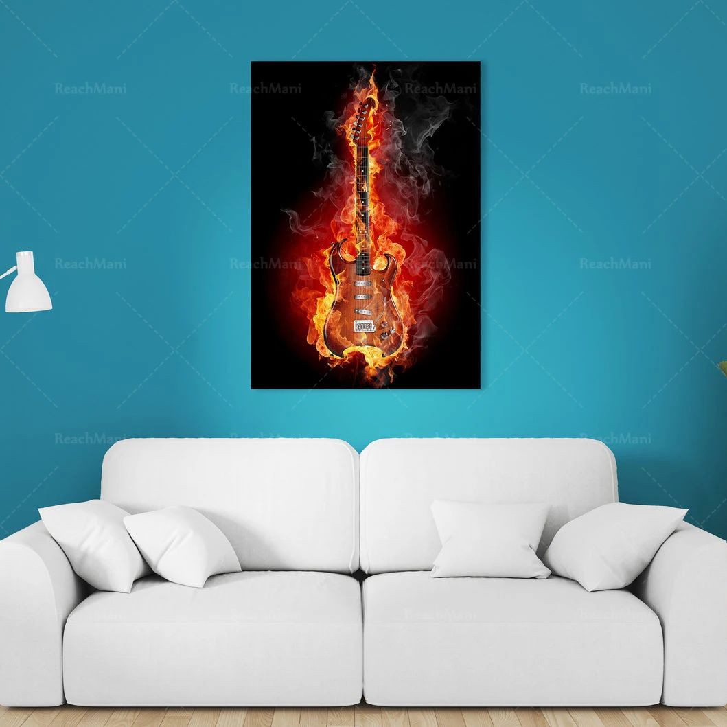 Rock guitar in flames canvas print wall artist home decoration