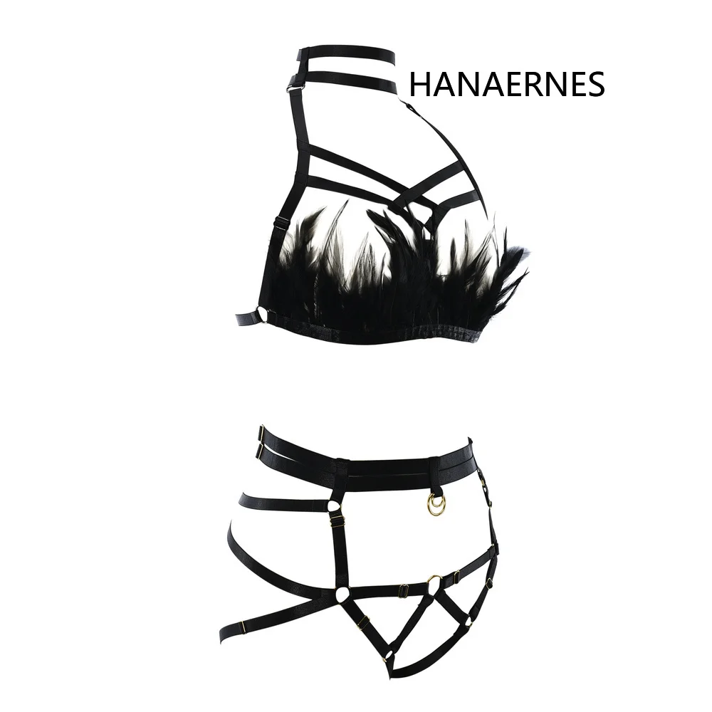 Hanaernes Zwarte Veer-Gewikkeld Crop Top Open Borst Kooi Band Beha Fetish Wear Bodem Slipje Sexy Lingerie Bondage Strap set