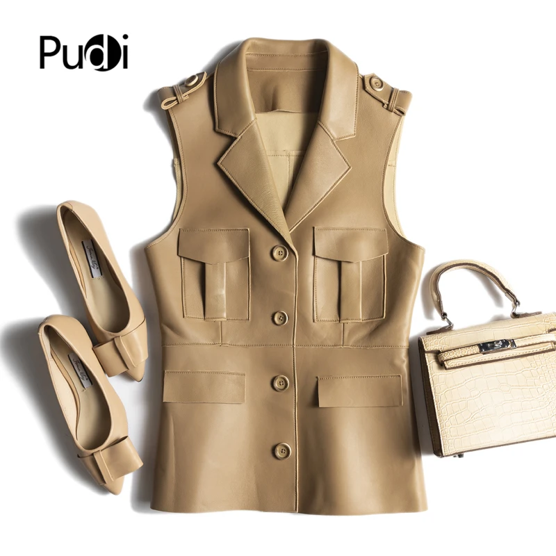 Pudi Women Genuine Leather Jacket Vest Waistcoat 2021 Spring Female Real Sheep Leather Jackets Coats CT108