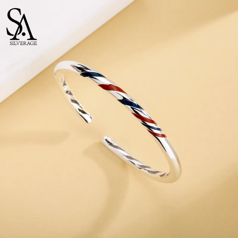 

SA SILVERAGE Open Bangles for Women Gift Jewelry Real 925 Adjustable Bracelets Stripes Jewelry Adjustable Bangle Sterling Silver