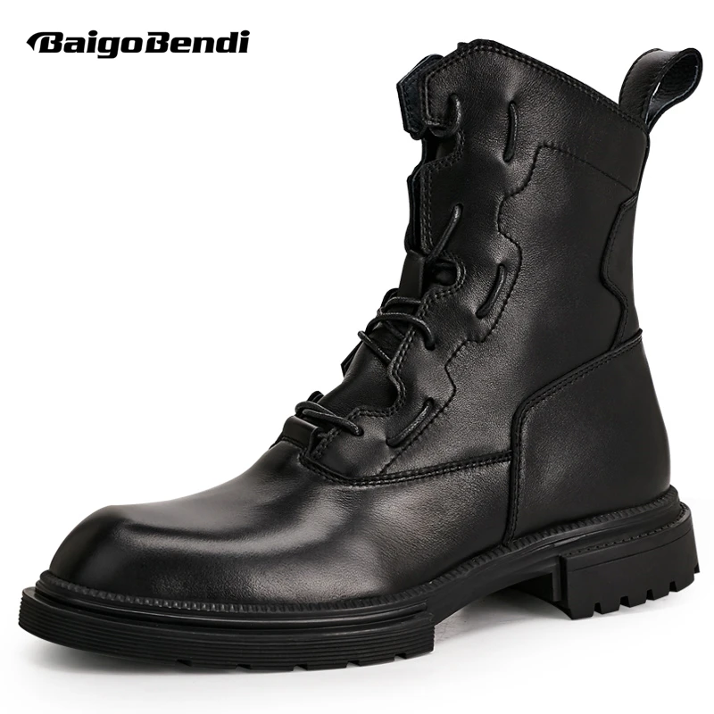 Size 6-10 Cool  Mid-calf Boots Full Grain Leather Lace Up Pure Black Men\'s Winter All-match Shoes