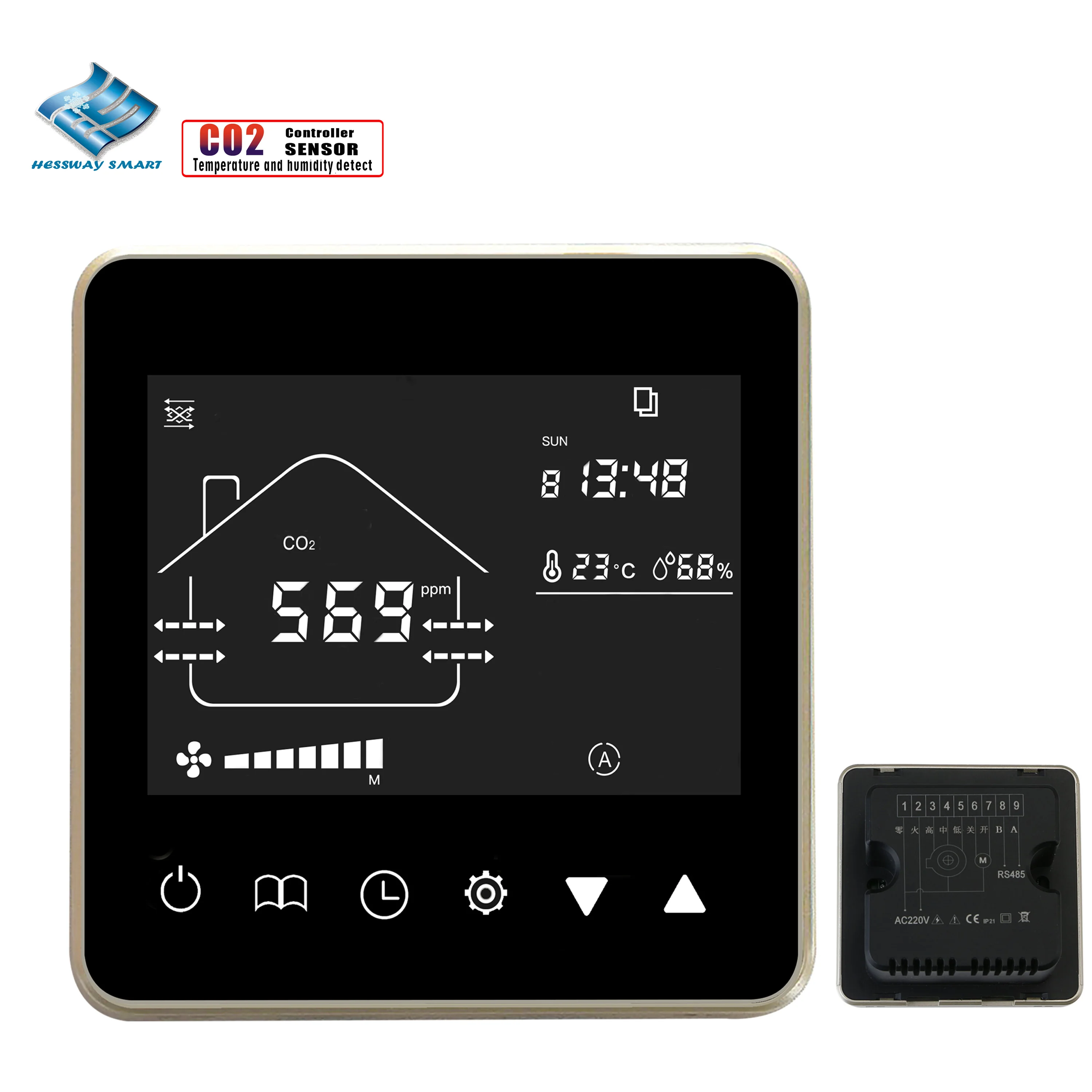 Pengendali kualitas udara untuk detektor suhu dan kelembaban Sensor CO2 RS485 & MODBUS kendali jarak jauh EC/AC 3 kecepatan kipas