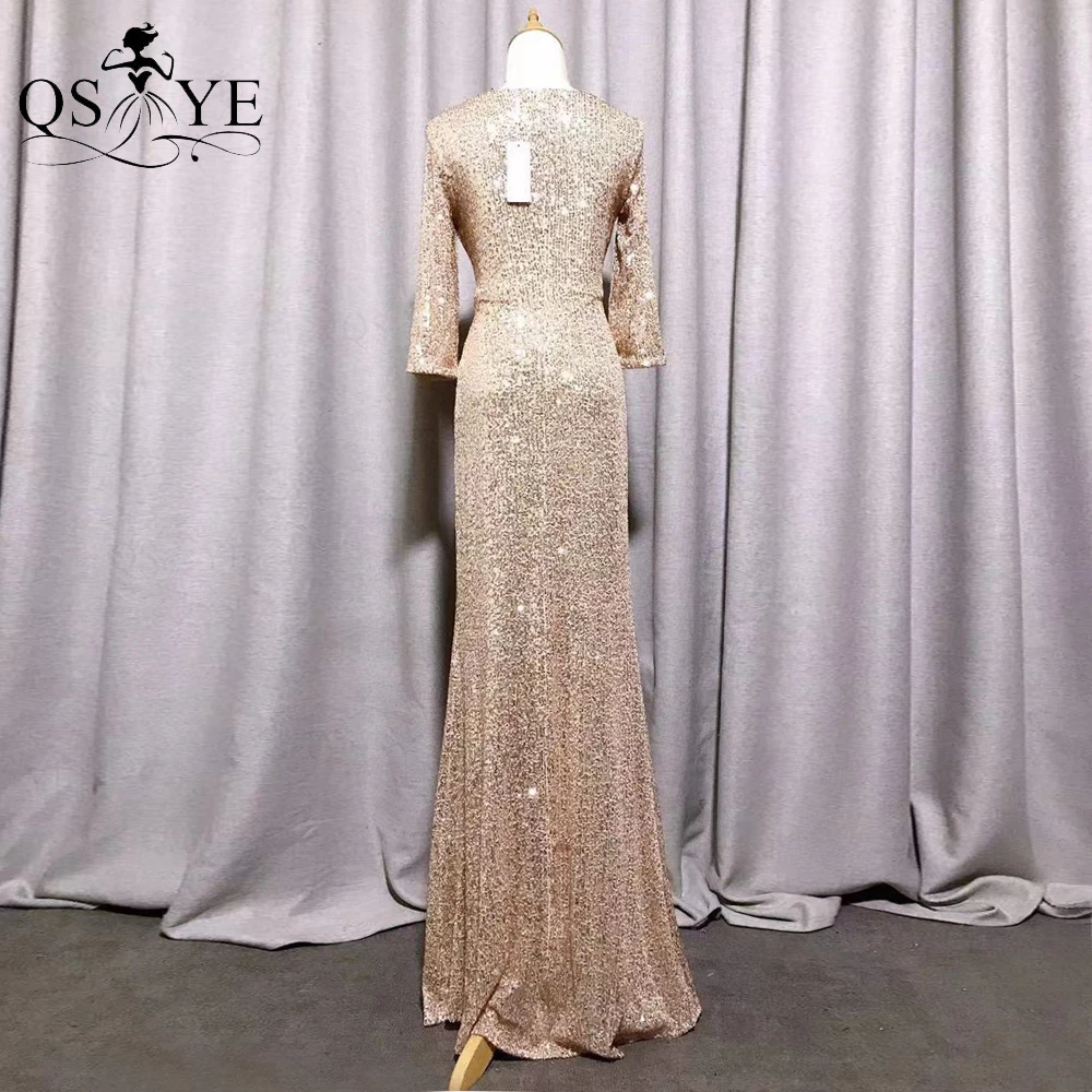 QSYYE Sparkle Gold Evening Dress Fit Mermaid Long Sleeves Evening Gown Glitter V Neck Split Party Dress Sequin Formal Gown 2021