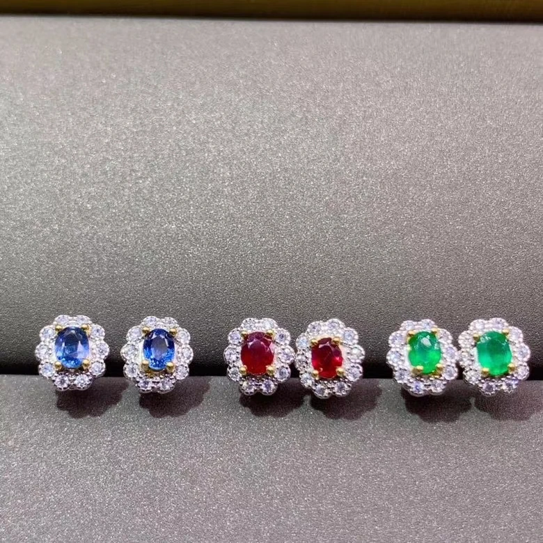 CoLife Jewelry 100% Natural Ruby Emerald Sapphire Stud Earrings 925 Silver Gemstone Earrings for Daily Wear Gift for Girl Friend