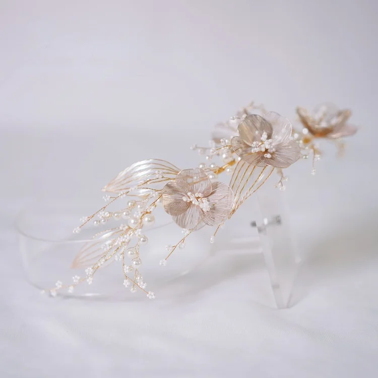 Beaded Metal Petals Side Transparent Bridal Headdress Wedding Hair Makeup Shooting Accessories