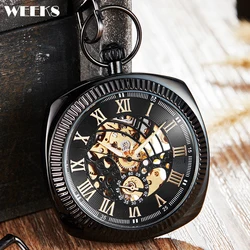 Roman Numeral Square Case Mechanical Pocket Watch Male Antique Vintage Steampunk Skeleton Luxury Fob Chain Hanging Clock for Men